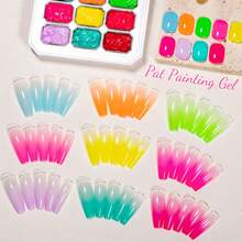 MEET ACROSS 9 Colors Nail Polish Set With 3 Painting Brushes, 8 Sponge Blocks, Neon Gradient Dip Powder, Suitable For Tie Dye Nails, Nail Art Design And Nail Salons - 彩色 - 查看 4