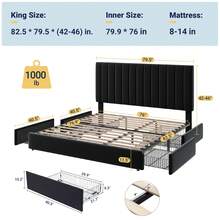 Allewie Full/Queen/King Size Storage Bed Frame, Vertical Channel Tufted Adjustable Headboard, Velvet Upholstered Platform Bed With 4 Oversized Underbed Drawers, Wooden Slats Support, No Box Spring Needed, Black - màu đen - Xem 10