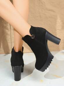 Women's New Autumn/Winter Suede Thick-Sole Wedge High Heel Ankle Boots, Fashion & Comfortable, Side Zipper, Metallic Heart-Shaped Decor Buckle On Outer Side,Platform Heels For Women - Black - View 5