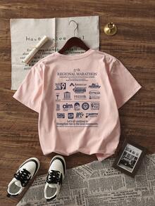 New Spring/Summer Women Letter Graphic Print Round Neck Casual Versatile Short Sleeve T-Shirt - Pink - View 3