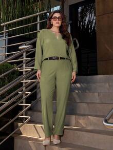 Plus Size Long Sleeve Set Modern Elegant Fashionista - 橄欖綠 - 查看 1