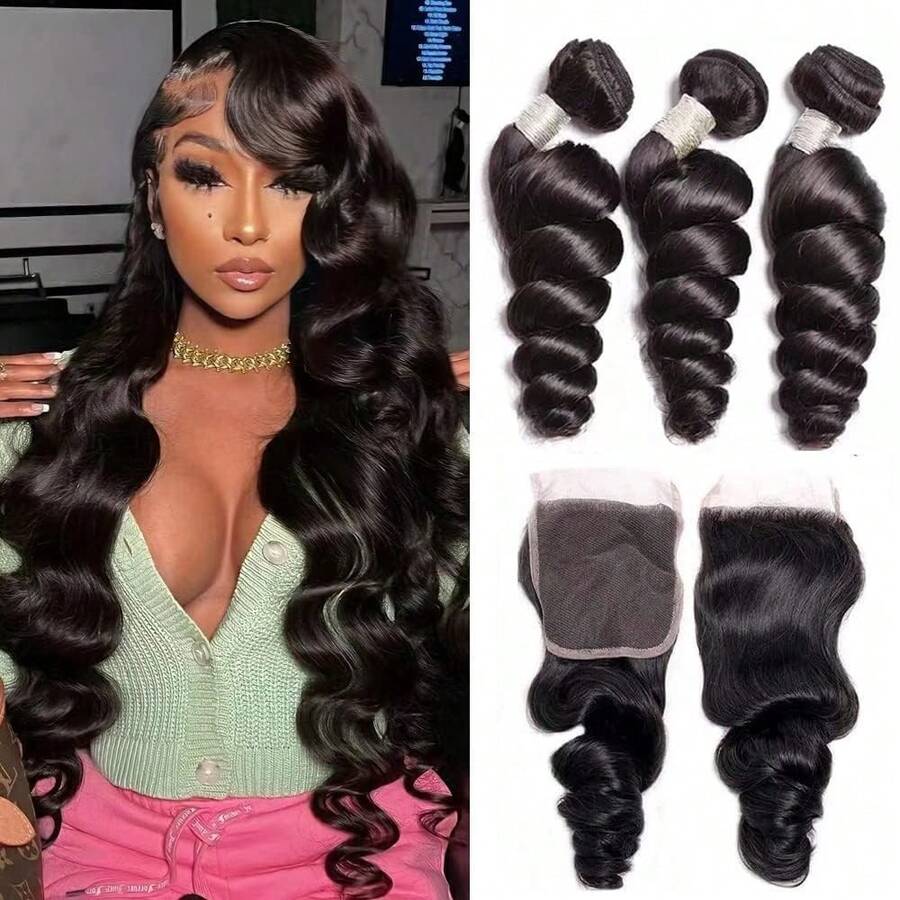 MENALUE Mother's Day Gift Brazilian Loose Wave Hair Bundles With Closure (14 16 18 +12) 3 Bundles With 4x4 Lace Closure Free Part Virgin  Human Hair Wig Brazilian Human Hair Stocking Stuffers,Gifts,Hair, Maquillaje,Decrotions GiftGifts,Hair Stuff,Hair Accerssories,Suitable For Parties, Daily Use, Schools, Birthday Banquets And Other Occasions.Body Wave Yaki Straight Ocean Wavehuman Hair Wig Kpop Demon Hunters 9am Hair Store Human Hair Bob Wig Human Hair  Weft Real Hair Extensions Clip In Hair Weft Keratin Bond Hair Weft Seamless Hair Weft Hair Holiday Hair Extensions Festive Hair Pieces Glitter Hair Xmas Hair Accessories Crimson Red Human Hair Volumizing Hair Weft Human Hair Weft - Crimson Red Bouncy Wave.Your 2026 Beauty Glow-Up Awaits.Luxe Gifts For Moments That Matter. - Natural Black - 查看 1