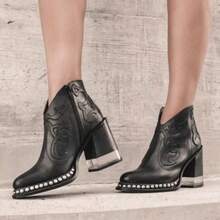 European And American Style Plus Size Chunky Heel  Boots For Women 2025 Autumn Winter New Printed Rivet  Side Zipper Fashion Boots - màu đen - Xem 2