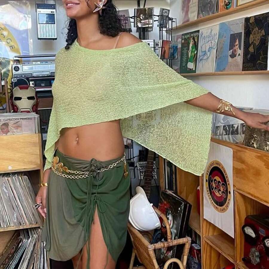 Women Knit Cover-Up, See-Through Solid Irregular Loose Pullover Summer Beach Tops - Green - View 1