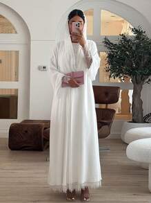 Modest Middle Eastern Style Muslim Women Clothing With Headscarf, Chiffon & Contrast Lace Abaya Dress - White - View 2