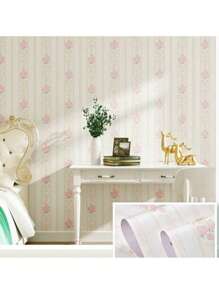 1 Roll Of Thickened Striped Self-Adhesive Wall Decoration Stickers For Living Room And Bedroom TV Background Wall Waterproof And Moisture-Proof Wipeable Wallpaper Wall Paper Wall Stickers Room Decor - Striped White Background With Pink Flowers - View 1