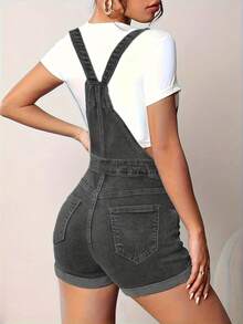 Women's Rolled Hem Denim Overall Shortalls, Stretchy Casual Streetwear Style, High-Stretch Brief Denim Romper With Slant Pockets, No Belt, Solid Color, Casual Style For Spring/Summer/Fall - Womens Denim Clothing - 灰色 - 查看 2