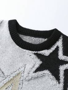 1 件适合青少年男孩休息的时尚百搭星星图案套头衫，适合秋冬季、学院风格和运动。