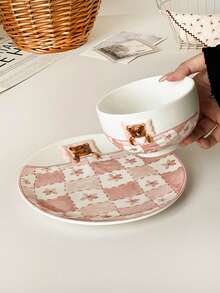 Cute Checkered Bear Covered Ceramic Dinnerware Set, Pink Girly Breakfast Bowl & Plate - Multicolor - View 10