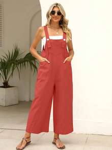 Women's Linen Jumpsuit - Summer Sleeveless Bib Overalls With Pockets, Baggy Wide Leg Romper Casual Boho Beach Jumpsuit For Vacation - 紅色 - 查看 3