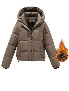 Women's Casual Padded Coat, Sporty Versatile Hooded Zip-Up Sweatshirt, Solid Color, Fashion Pockets, Cotton Outerwear