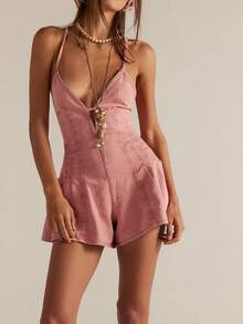 Women Spaghetti Strap Denim Romper Sleeveless V Neck Backless Tie-Up Jean Short Jumpsuits Ruffle Jean Overalls - Pink - View 2