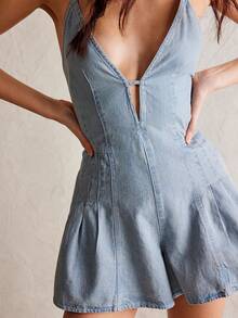 Women Spaghetti Strap Denim Romper Sleeveless V Neck Backless Tie-Up Jean Short Jumpsuits Ruffle Jean Overalls - Màu xanh nhạt - Xem 2