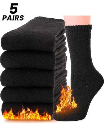 1/3/5 Pairs Women's Anti-Cold Socks, Thick Long Tube Wool Socks, Warm Thermal Mid-Calf Socks