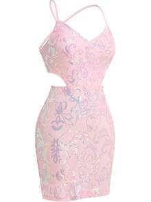 Teen Homecoming Dress Sequins Bodycon Mini Spaghetti Strap Floral Glitter - Berwarna merah muda - View 5