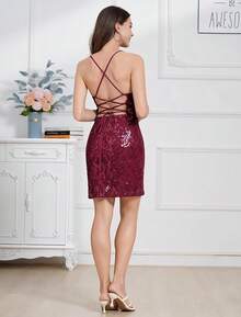 Teen Homecoming Dress Sequins Bodycon Mini Spaghetti Strap Floral Glitter - 酒紅色 - 查看 5