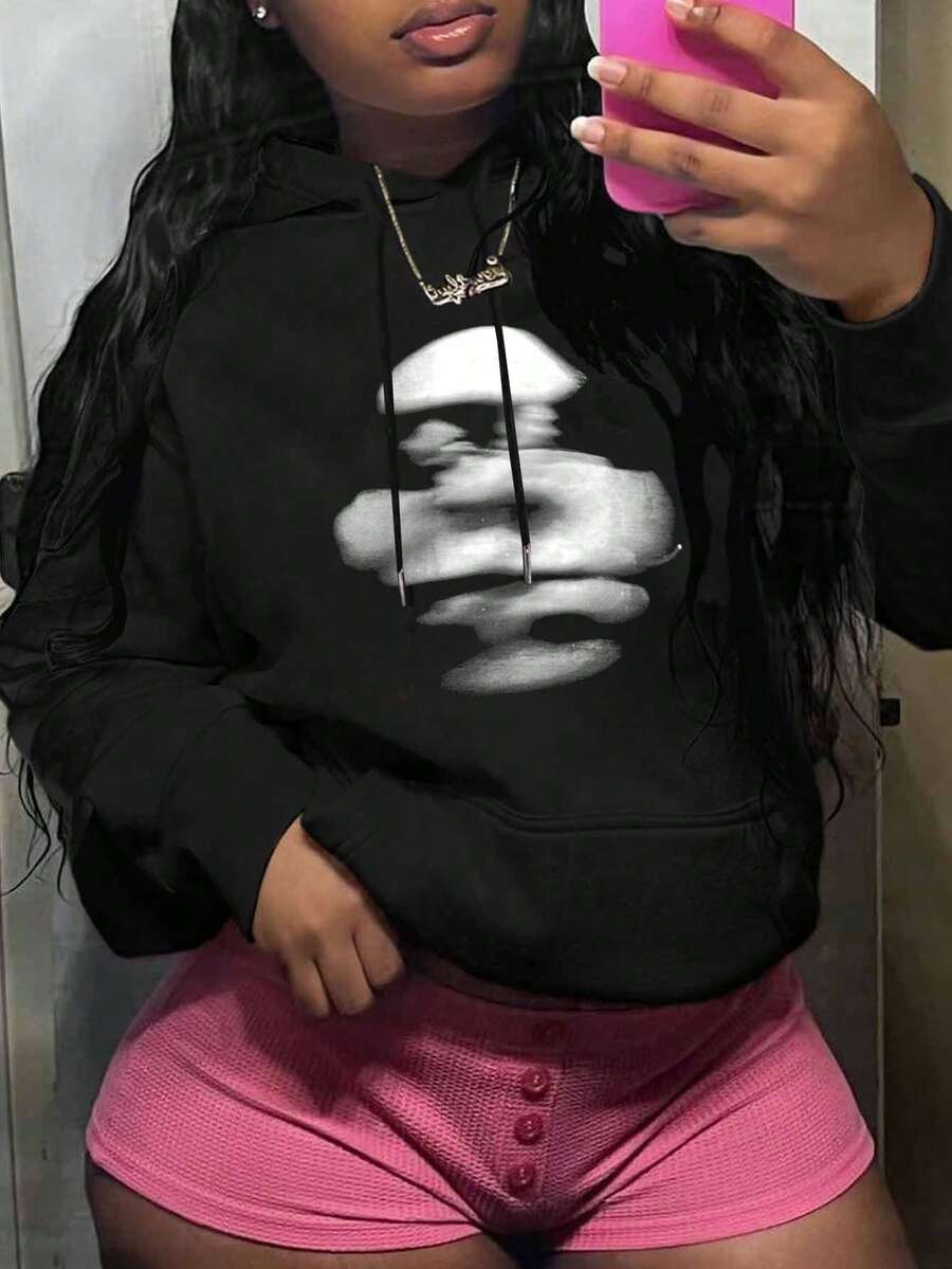 印花连帽休闲运动衫，毕业长袖上衣，返校服装，毕业，女士教师服装，返校 - 黑色 - 查看 1