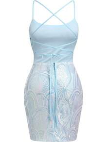 Teen Homecoming Dress Sequins Bodycon Mini Spaghetti Strap Floral Glitter - Light Blue - 查看 4