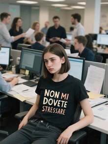 Maglietta elegante da donna a maniche corte e collo tondo - Nera, stampata con il prominente testo italiano "Non Mi Dovete Stressare", adatta per l'abbigliamento casual in primavera ed estate, vestibilità morbida e oversize, taglie forti da donna, abbigliamento autunnale taglie forti, abbigliamento autunnale da donna, outfit autunnali, abbigliamento invernale, abbigliamento invernale da donna, top da esterno - nero - Visualizzare 6