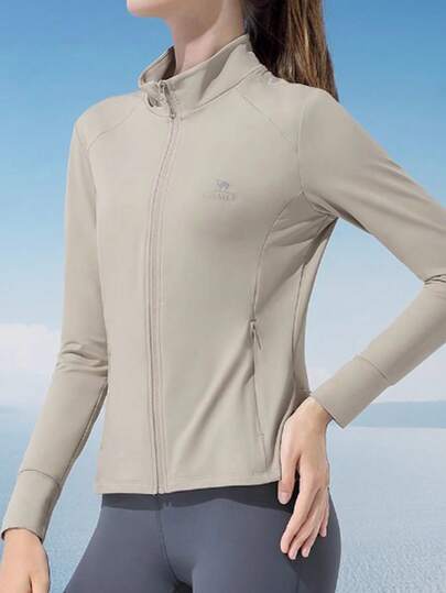 CAMEL CROWN Trang phục tập yoga, đồ thể thao ôm sát, áo cardigan, đồ thể thao, cổ đứng, quần áo chạy bộ ngoài trời, tay dài