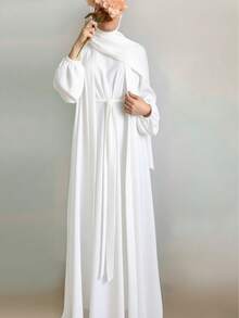 2pcs Women Simple Solid Color Cardigan Robe And Long Dress Set, Excluding Headscarf Spring White - White - View 4
