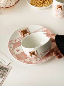 Cute Checkered Bear Covered Ceramic Dinnerware Set, Pink Girly Breakfast Bowl & Plate - Multicolor - View 9