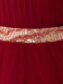 Baby Girls Sequin Mesh Backless Bow Cute 1st Birthday Trailing Dress, Suitable For Party, Flower Girl, Wedding, Does Not Include Headband - Burgundy - View 7