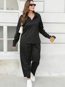 Athletic Plus-Size Women's Fall/Winter Set: Long-Sleeve Thumbhole Tops With Half-Bust Zipper & Drawstring Pants - Black - View 3