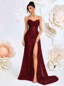 ADYCE Robe à bretelles fines, encolure en V, patchwork de résille pailletée, taille haute, avec ceinture à nouer, dos nu, fendu, convient pour le bal de promo, la soirée