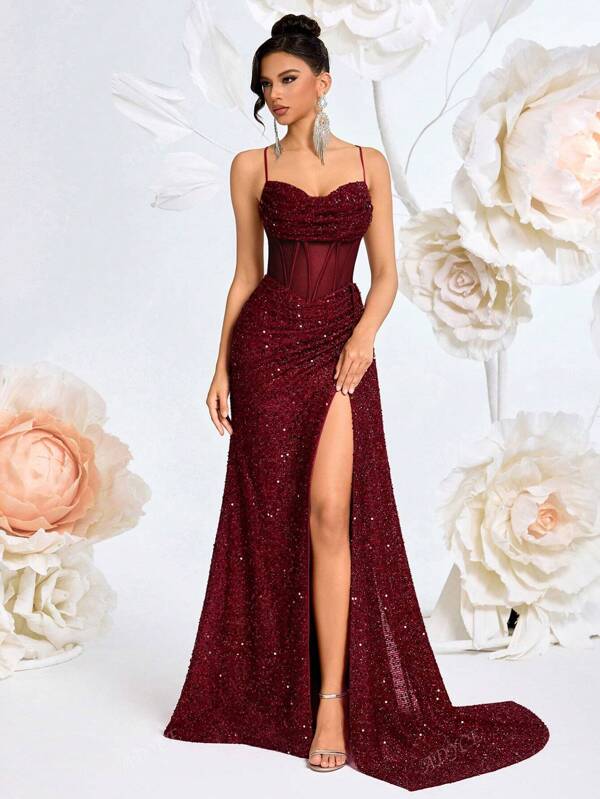 ADYCE Robe à bretelles fines, encolure en V, patchwork de résille pailletée, taille haute, avec ceinture à nouer, dos nu, fendu, convient pour le bal de promo, la soirée