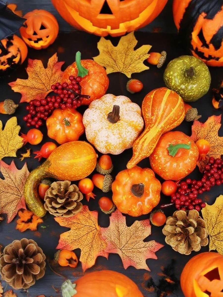 50pcs Mini Realistic Pumpkin Autumn Decor Set, Autumn Leaves, Acorns Bulk Thanksgiving Decorations, Halloween Decorations Autumn Decor, Autumn Decor, Harvest Table Scatter Decor, Porch Wreath, Fireplace Mantel, Halloween Decorations, Bulk Party Supplies, Wedding Decor - Multicolor - View 1