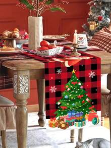 1pc 35*180cm/13.78*70.87inch Christmas Decorative Table Runner, Red & Black Plaid Santa Claus & Christmas Tree Gift Pattern, Suitable For Home Dining Table, Coffee Table, Party Decor, Holiday Gift Essential Textile Decoration - Multicolor - View 8