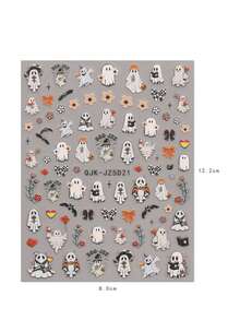 2 件可爱卡通万圣节美甲浮雕贴纸 - 鬼魂、南瓜、蜘蛛、小鬼和花朵图案，女士自粘美甲贴花，5D 浮雕饰面，可爱、有趣和卡通主题，易于粘贴指甲装饰、DIY、节日礼物、派对风格 - 彩色 - 查看 6