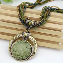 1 Piece Elegant Classic Handmade Bohemian Pendant Necklace, With Round Synthetic Gemstone, Alloy Material, Suitable For Women, Perfect For Parties And Holiday Celebrations, A Jewelry Accessory That Can Be Worn In All Seasons - 綠色 - 查看 2