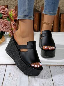 Giày sandal đế xuồng cho nữ, giày thường ngày đế dày mùa hè mới, dép cao gót đa năng - màu đen - Xem 5