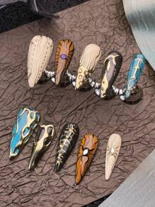 10 Unhas Postiças Finas de Salto Alto Estilo Coreano Dourado com Decoração 3D, Cromo Marrom Verde Y2K de Cobertura Total, Conjunto para Expressar seu Amor, Estilo Europeu Punk, Menina Legal de Olhos de Gato Castanhos, Estilo Boêmio de Princesa, Decoração de Conjunto de Remendos de Cobertura Total para Festival de Música Nórdico, Adequado para Meninos e Meninas, Acompanha 1 Lixa de Unha Miniatura e 1 Etiqueta Adesiva Dupla Face.