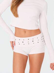 Women Y2K Studded Foldover Summer Hot Shorts Vintage Low Waist Slim Fit Micro Shorts - 白色 - 查看 4