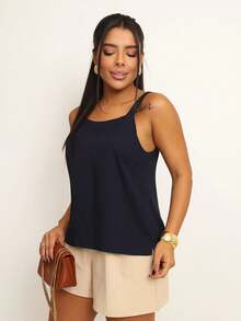 Elegant Viscose Wide Strap Tank Top - 藏蓝色 - 查看 3