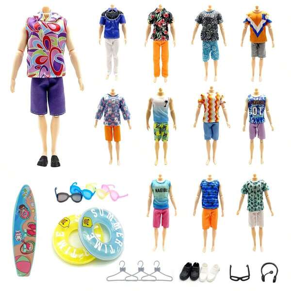 20pcs/Set = Random 3 Tops + 3 Pants + 1 Surfboard + 2 Swim Rings + 5 Pairs Sunglasses + 2 Pairs Shoes + 1 Headphone + 3 Hangers, Some Accessories Color & Style May Be Random (Doll Not Included)