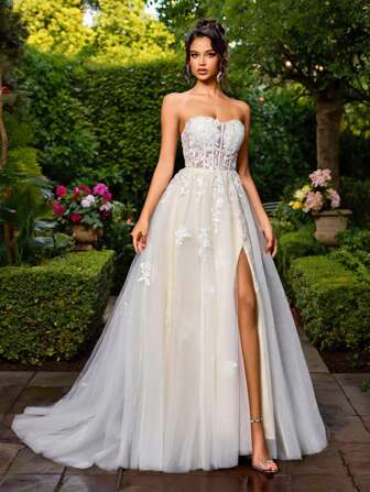 LVNES 新款奢华露肩婚纱，带串珠刺绣 - 优雅新娘礼服