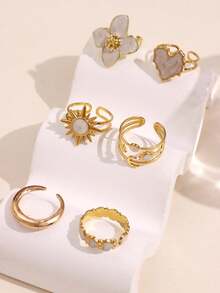 Bộ 6 chiếc nhẫn đính dầu hình trái tim, hoa hướng dương, hoa, sao, mặt trăng, hình học thời trang sang trọng cổ điển tinh tế phóng đại sáng bóng độc đáo thanh lịch dành cho nữ, thích hợp đeo hàng ngày, lễ hội, tiệc tùng - Nhiều màu - Xem 3