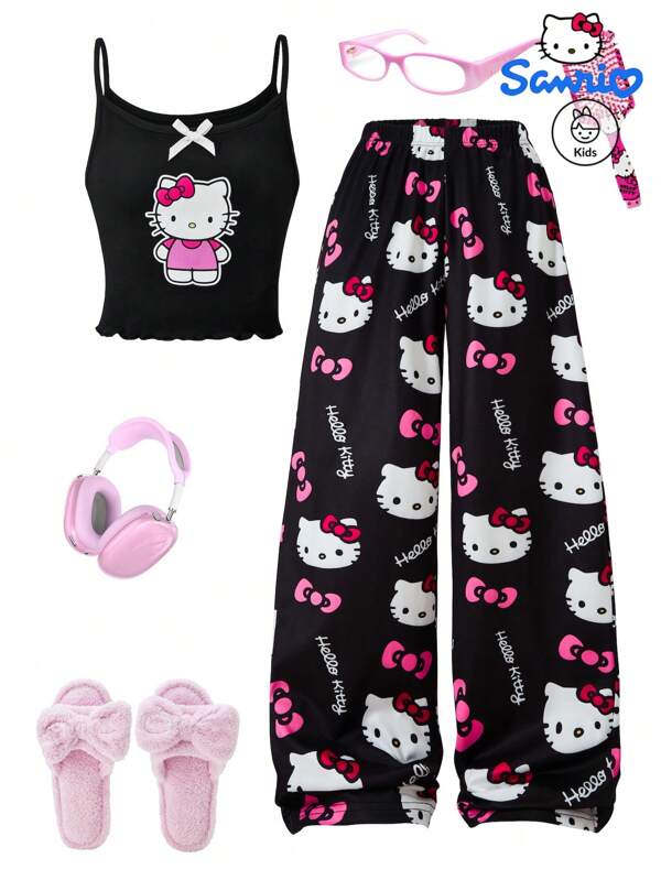 Sanrio Girls' Fashionable, Casual, And Sweet New Two Pieces Vest Set, Authorized By Sanrio With Hello Kitty Printed Vest And Pants, Suitable For Summer Home Wear