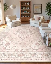 Area Rugs 9'x12' Washable Non-Slip, Floral Vintage Distress Print Pattern Medallion Carpet For Living Room Bedroom Dining Room, Pink Greypink Cute,10160149