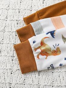 男婴条纹恐龙印花长袖连体衣三件套，时尚可爱，适合日常休闲穿着，春秋冬三季皆宜。