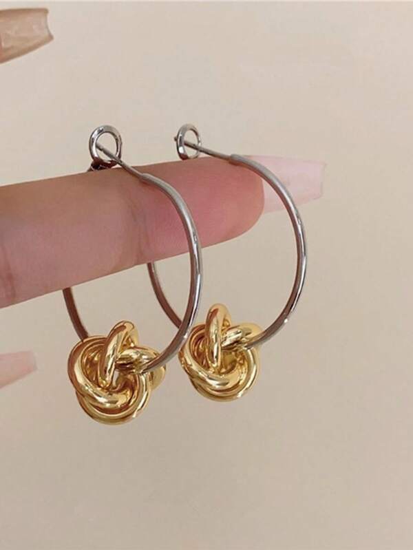 1 Pair Metal Twist Knot Contrast Color Hoop Earrings, Fashionable Earrings With Elegant Vibe, Suitable For Women's Party, Jewelry, And Daily Accessories