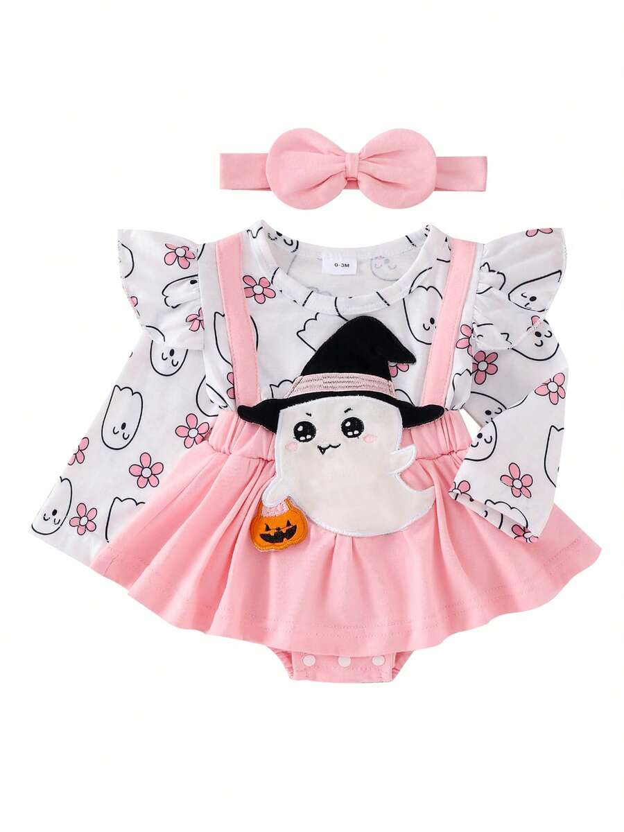 Baby Girl Christmas Halloween Outfit, Santa Ghost Turkey Patch Flying Long Sleeve Romper Dress Bow Headband 2 Piece Set For Fall - Hồng - Xem 1