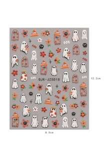 2片可爱卡通万圣节美甲浮雕贴纸 - 幽灵、南瓜、蜘蛛、小精灵和花朵图案，女士自粘美甲贴，5D立体浮雕效果，可爱、有趣、卡通主题，易于粘贴，可用于美甲装饰、DIY、节日礼物、派对美甲 - 彩色 - 查看 6