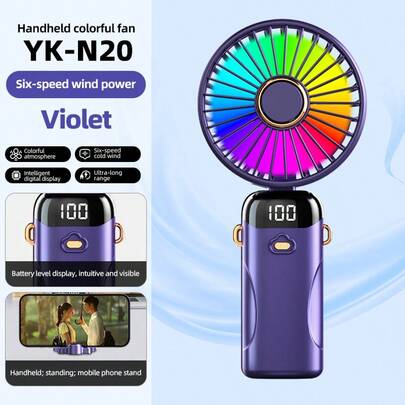 Quạt mini cầm tay di động, Quạt chạy bằng pin 1200mAh có màn hình LED, Quạt cá nhân nhỏ cầm tay/cầm cổ/để bàn 3 trong 1, Quạt để bàn có thể gập lại 90° có đế, Quạt trang điểm mi 5 tốc độ dành cho nữ