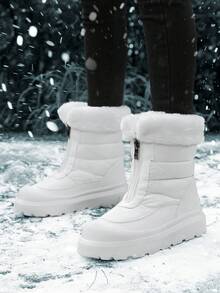 1 双纯色通勤雪地靴，户外冬季防滑厚拉链设计 - 白色 - 查看 1