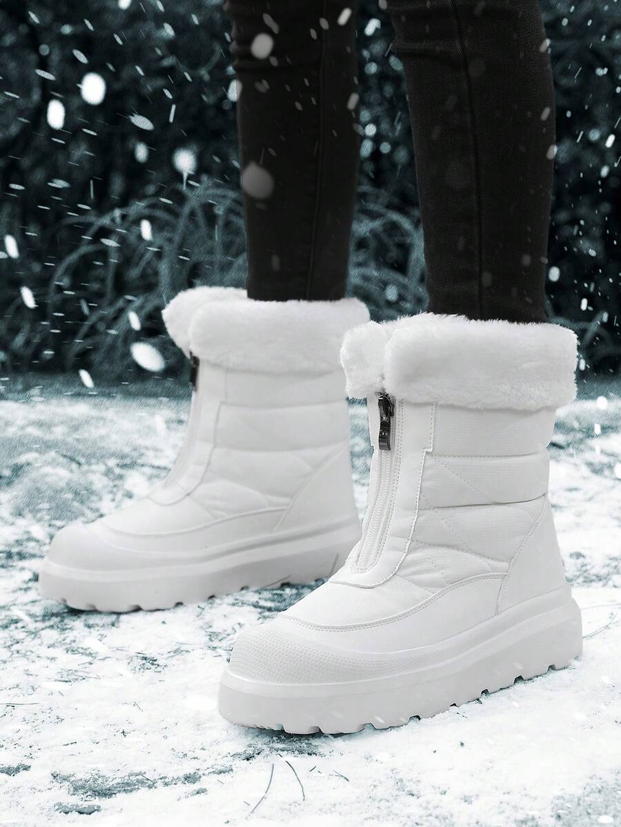 1 双纯色通勤雪地靴,户外冬季防滑厚拉链设计 - 白色 - 查看 1